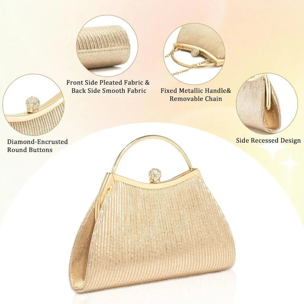 Women Sparkly Evening Clutch Bag with Chain for Wedding Party Prom Gold